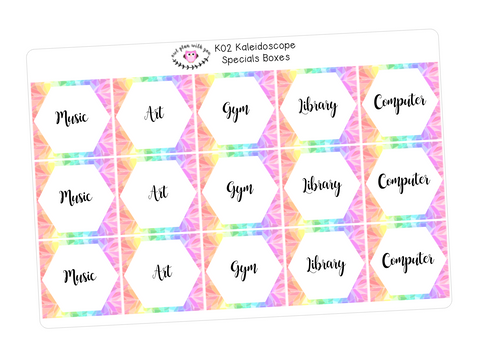 K02 || 45 Custom Kaleidoscope Specials Box Stickers